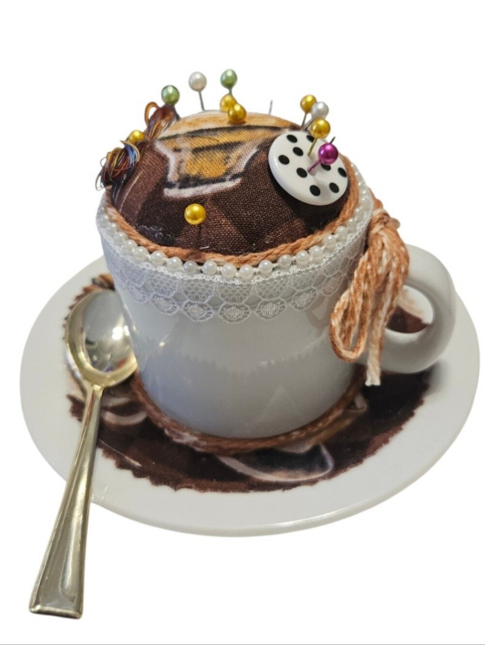 Pier 1 Demitesse Cup, Saucer & Spoon Recycled into A Pincushion